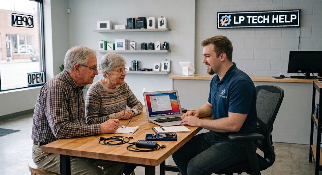 An LP Tech Help technician going over a laptop with two customers inside the shop